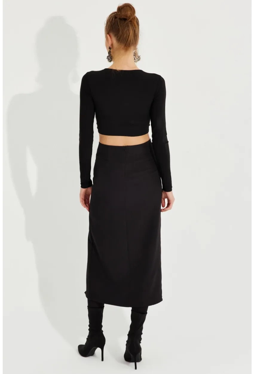 Kadın Siyah Yırtmaçlı Fermuarlı Midi Etek YEL221370