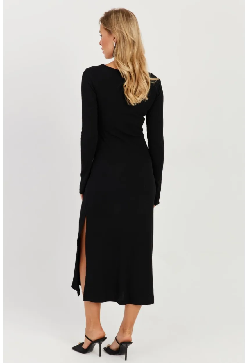 Kadın Siyah Yırtmaçlı Kaşkorse Midi Elbise EY2702