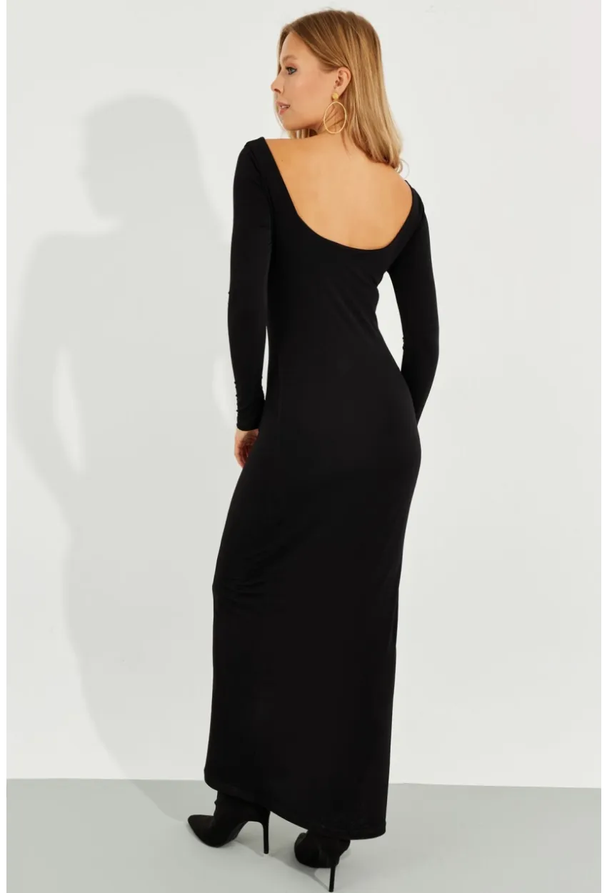 Kadın Siyah Yırtmaçlı Maxi Elbise MEN2007
