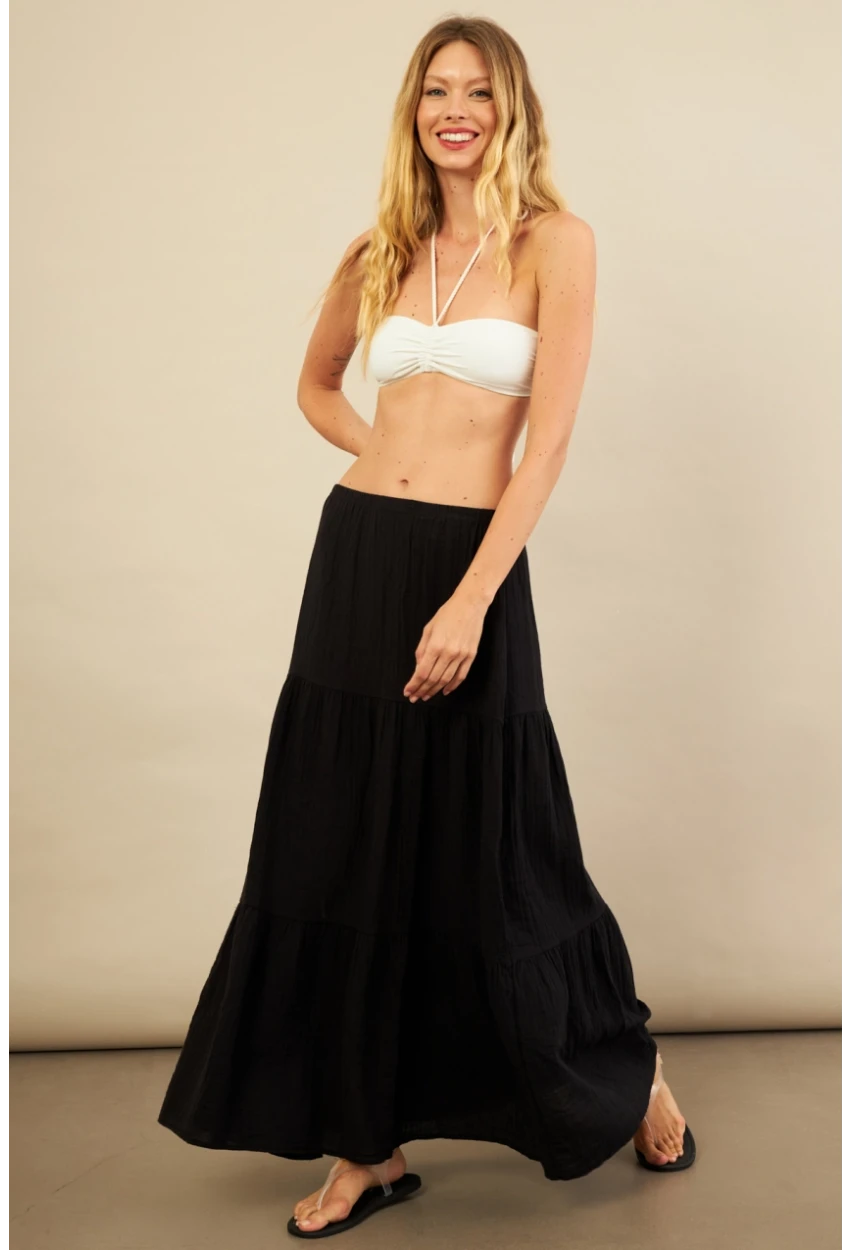 Kadın Siyah Yırtmaçlı Müslin Etek ÖM7016
