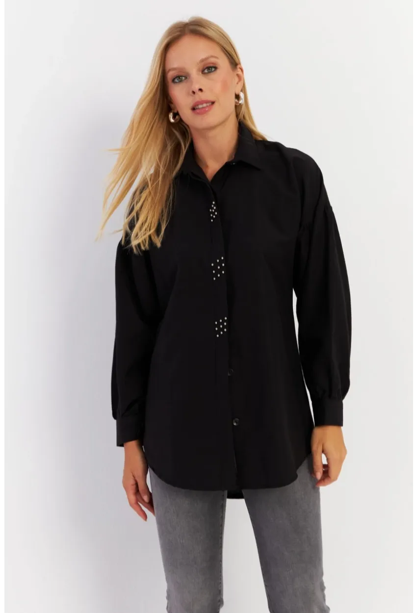 Kadın Siyah Zımbalı Gömlek MASF08