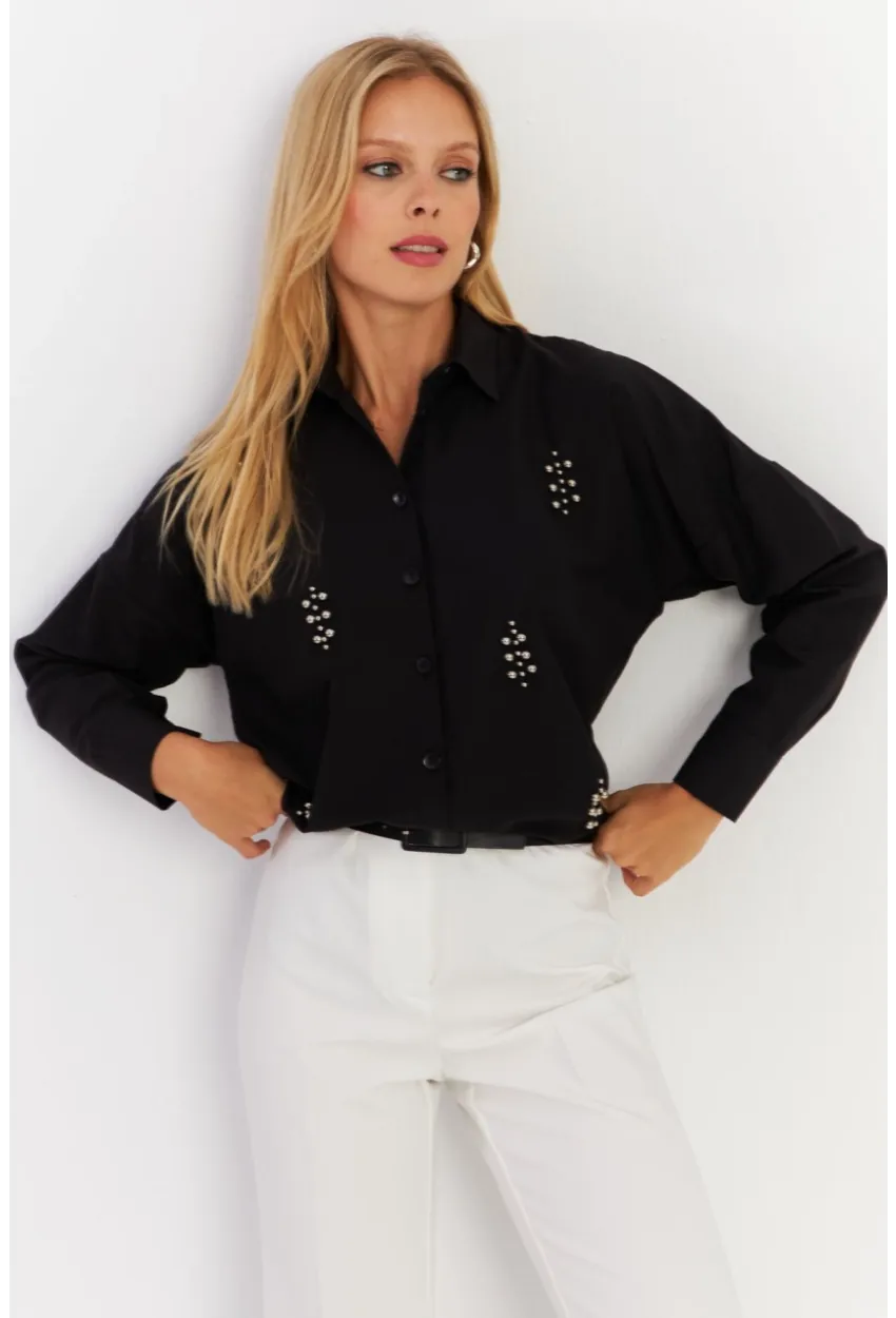 Kadın Siyah Zımbalı Gömlek MASF1