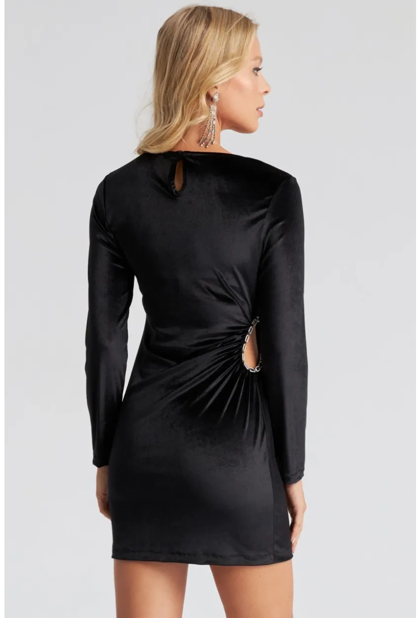 Kadın Siyah Zincir Aksesuarlı Kadife Mini Elbise GÇ145