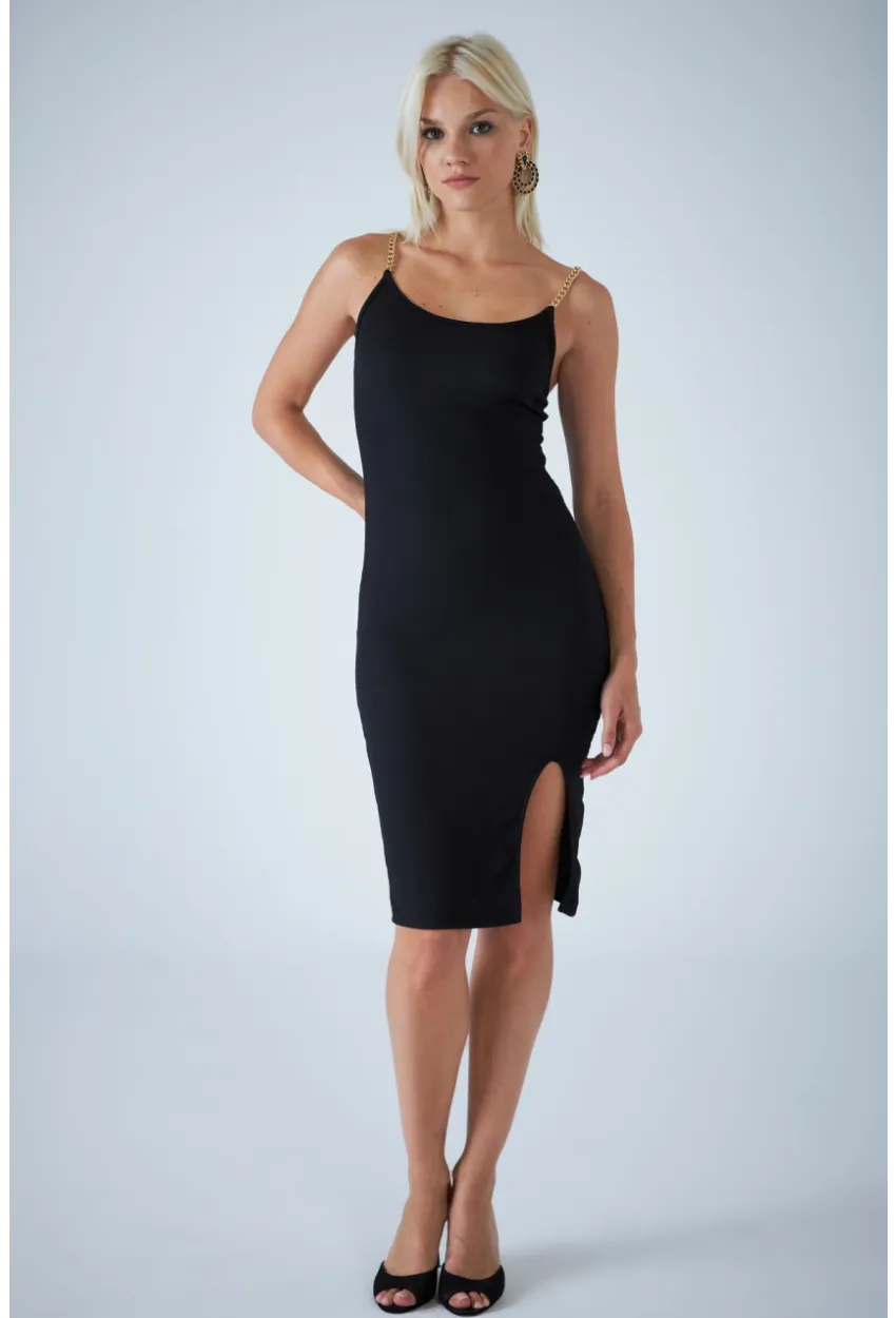 Kadın Siyah Zincir Askılı Rustik Midi Elbise CEL7167