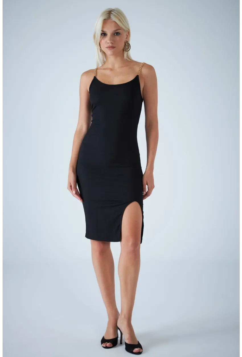 Kadın Siyah Zincir Askılı Rustik Midi Elbise CEL7167