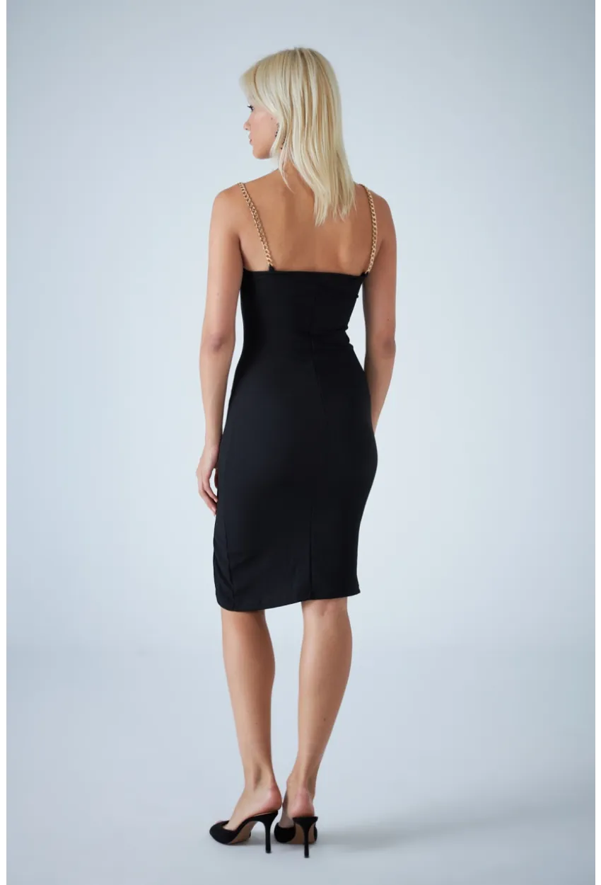 Kadın Siyah Zincir Askılı Rustik Midi Elbise CEL7167