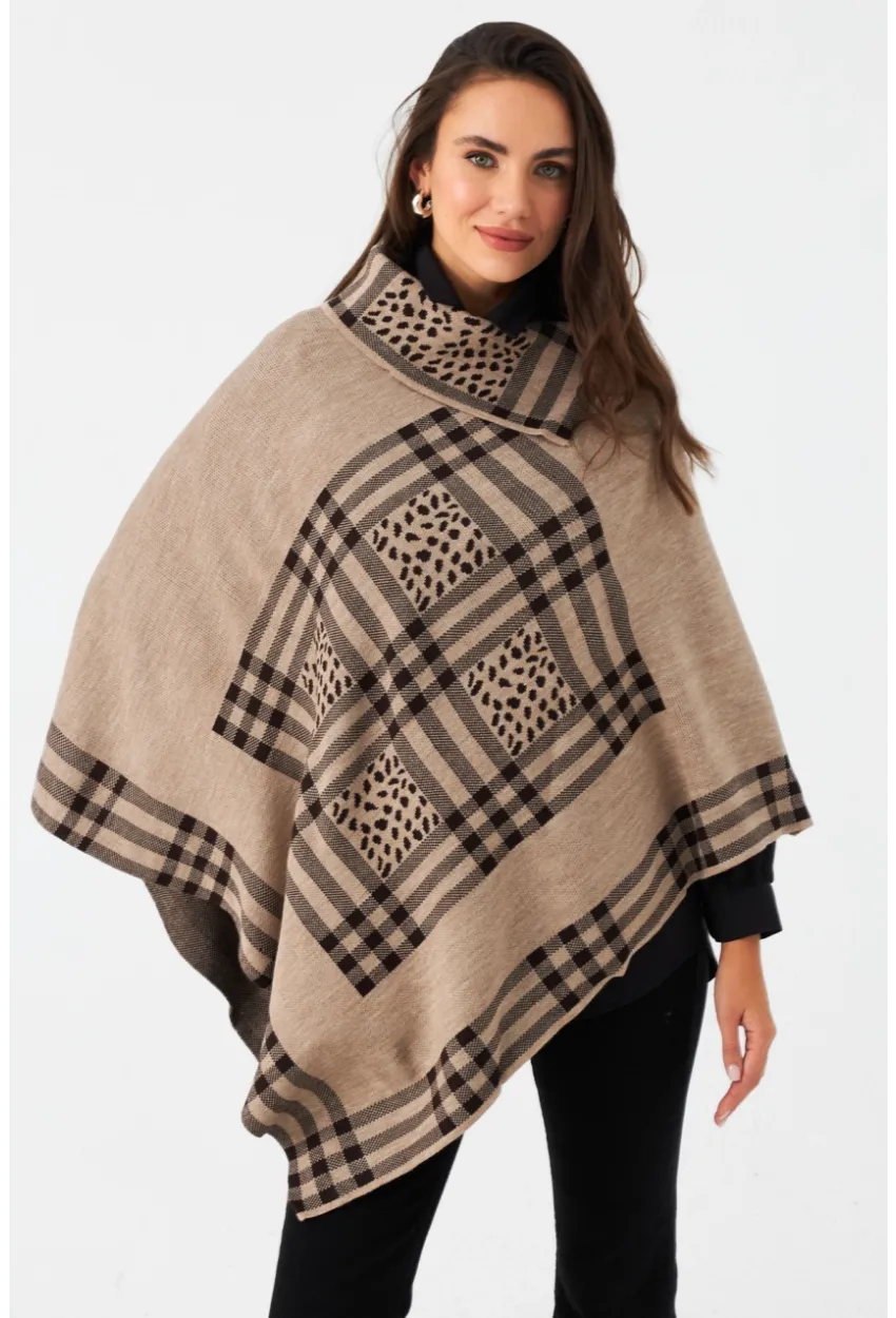 Kadın Sütlü Kahve Ekose Desenli Panço MKON101