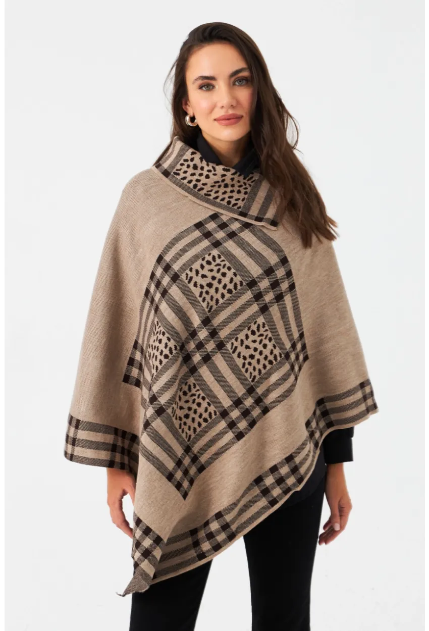 Kadın Sütlü Kahve Ekose Desenli Panço MKON101