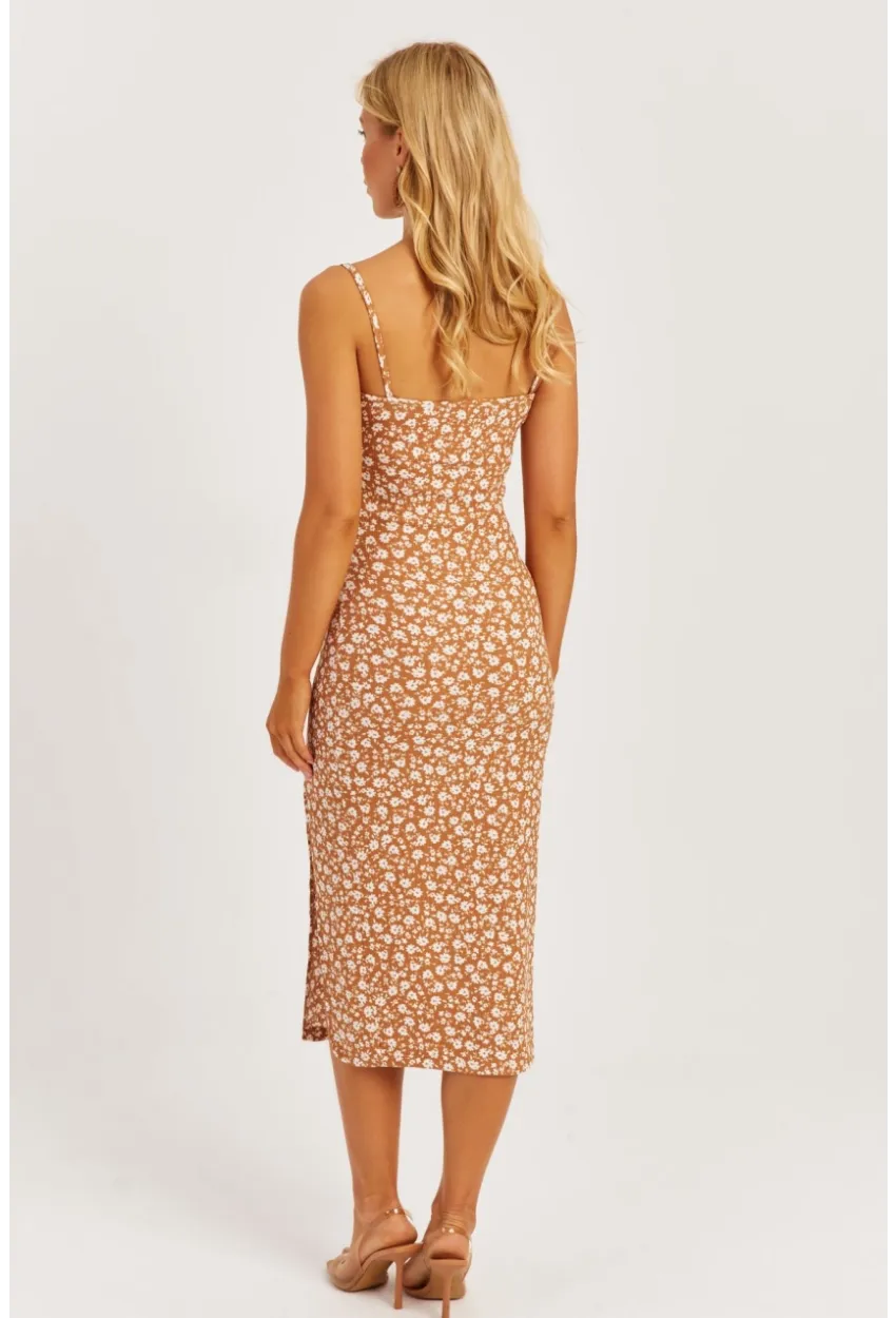 Kadın Sütlü Kahve İnce Askılı Midi Elbise MON125