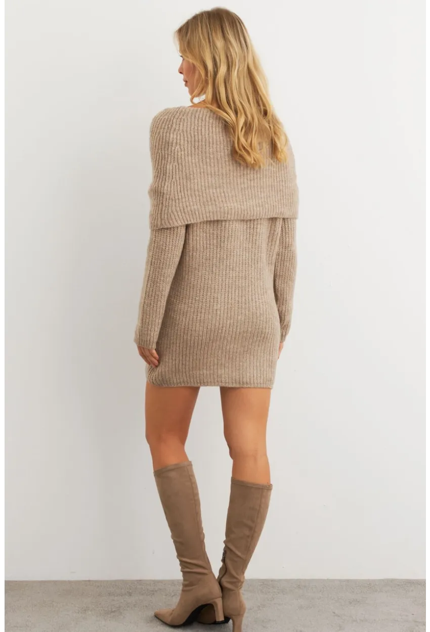 Kadın Sütlü Kahve Madonna Yaka Triko Tunik Elbise KAZ36