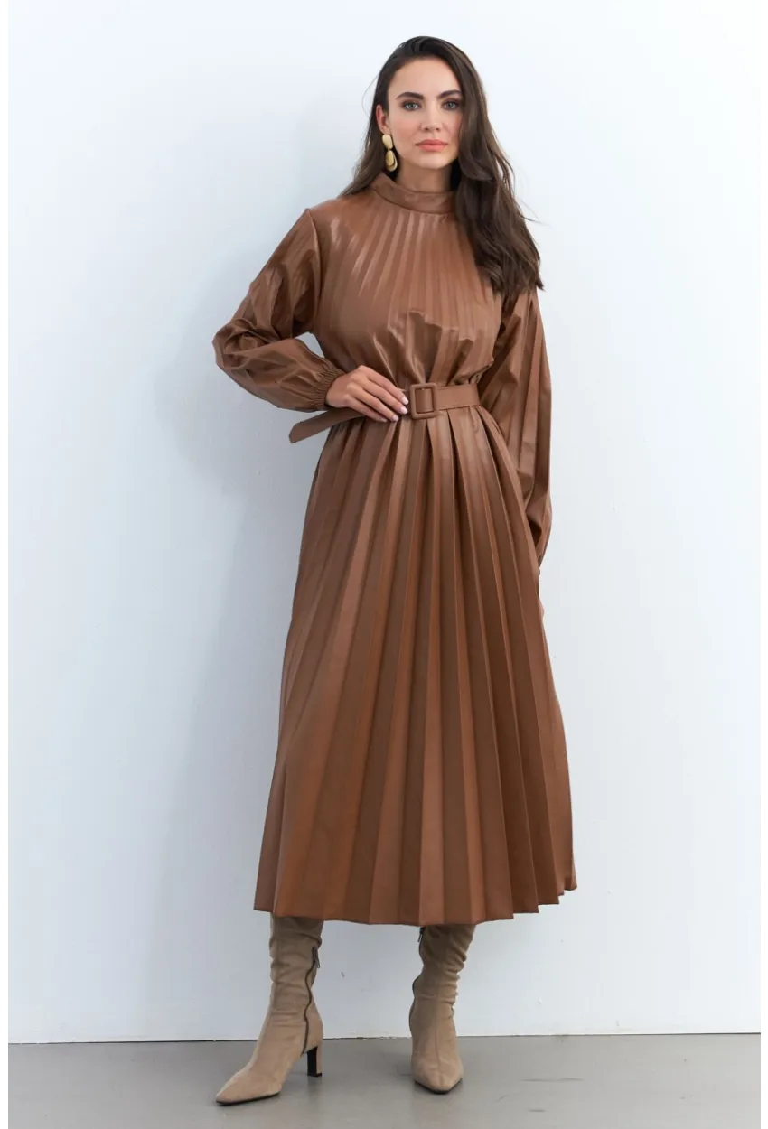 Kadın Taba Pileli Kemerli Maxi Elbise MALZ99