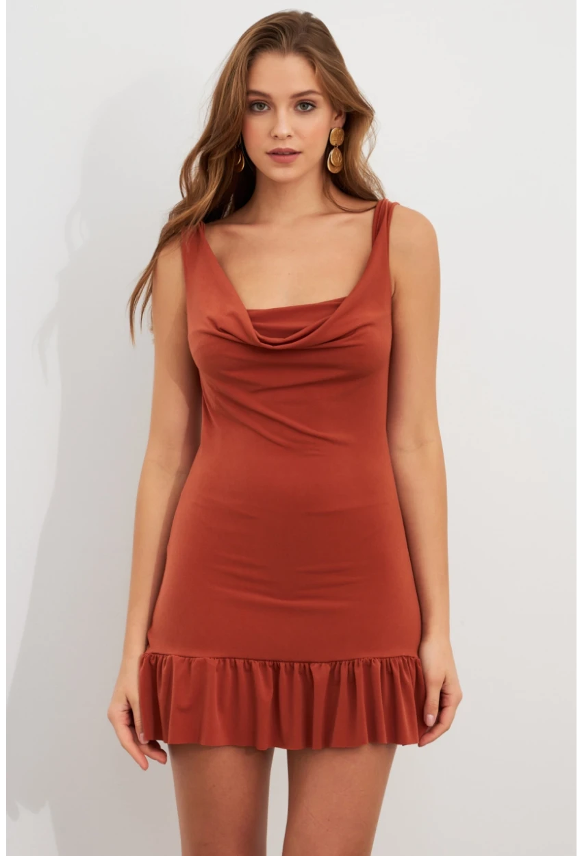 Kadın Tarçın Degaje Yaka Mini Elbise HOR0078