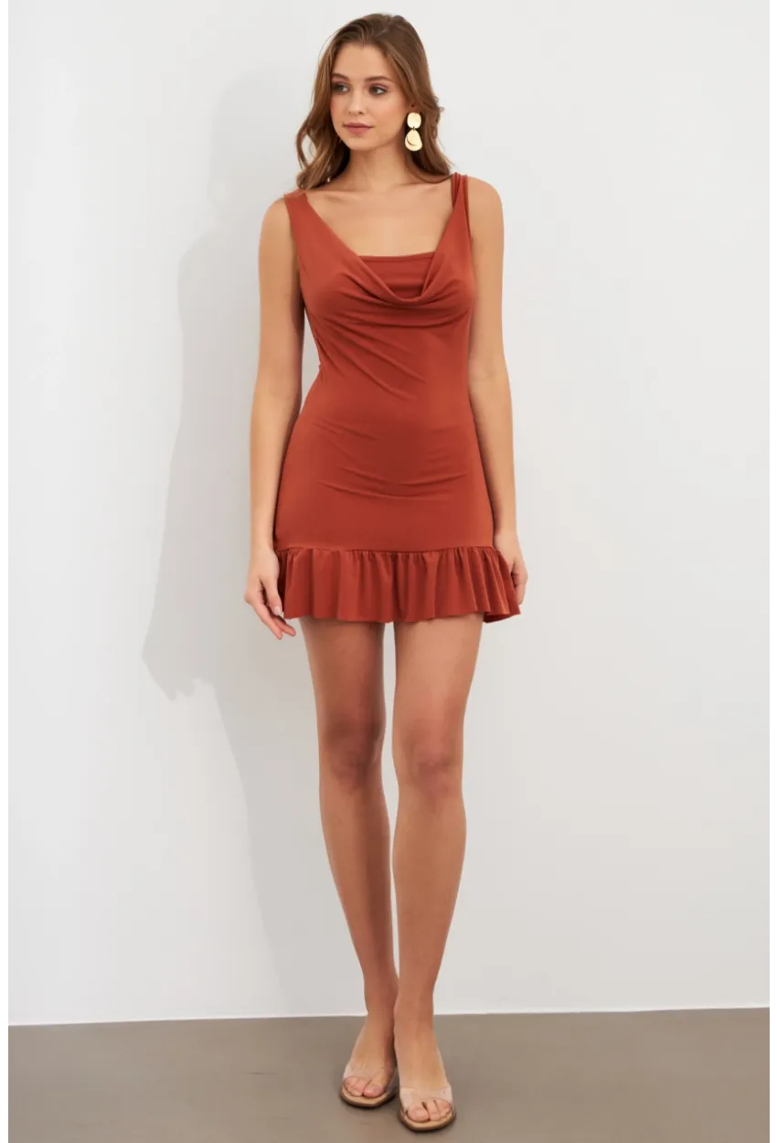 Kadın Tarçın Degaje Yaka Mini Elbise HOR0078