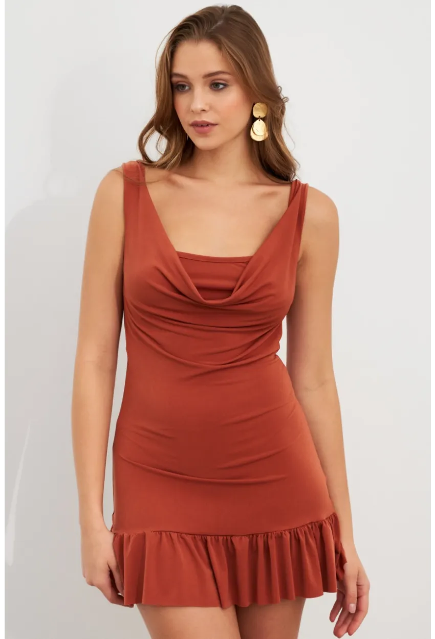 Kadın Tarçın Degaje Yaka Mini Elbise HOR0078