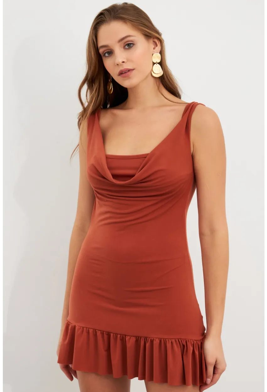 Kadın Tarçın Degaje Yaka Mini Elbise HOR0078