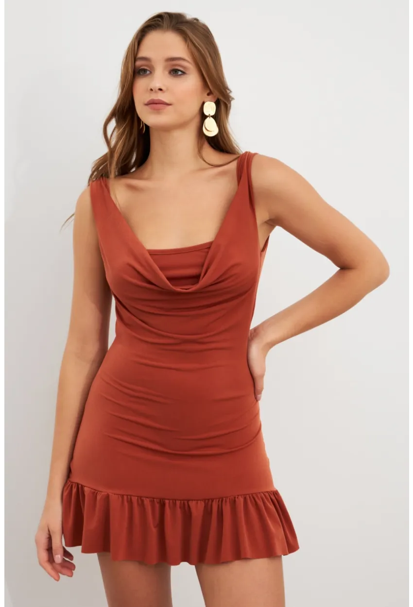 Kadın Tarçın Degaje Yaka Mini Elbise HOR0078