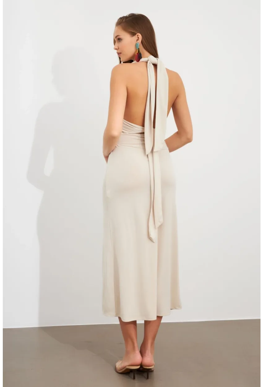 Kadın Taş Bağlamalı Sırt Dekolteli Maxi Elbise UG2003