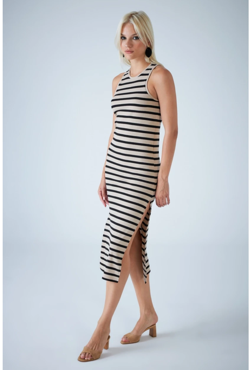 Kadın Taş Kolsuz Yırtmaçlı Çizgili Midi Elbise AYD418