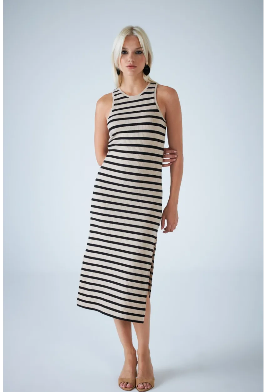 Kadın Taş Kolsuz Yırtmaçlı Çizgili Midi Elbise AYD418