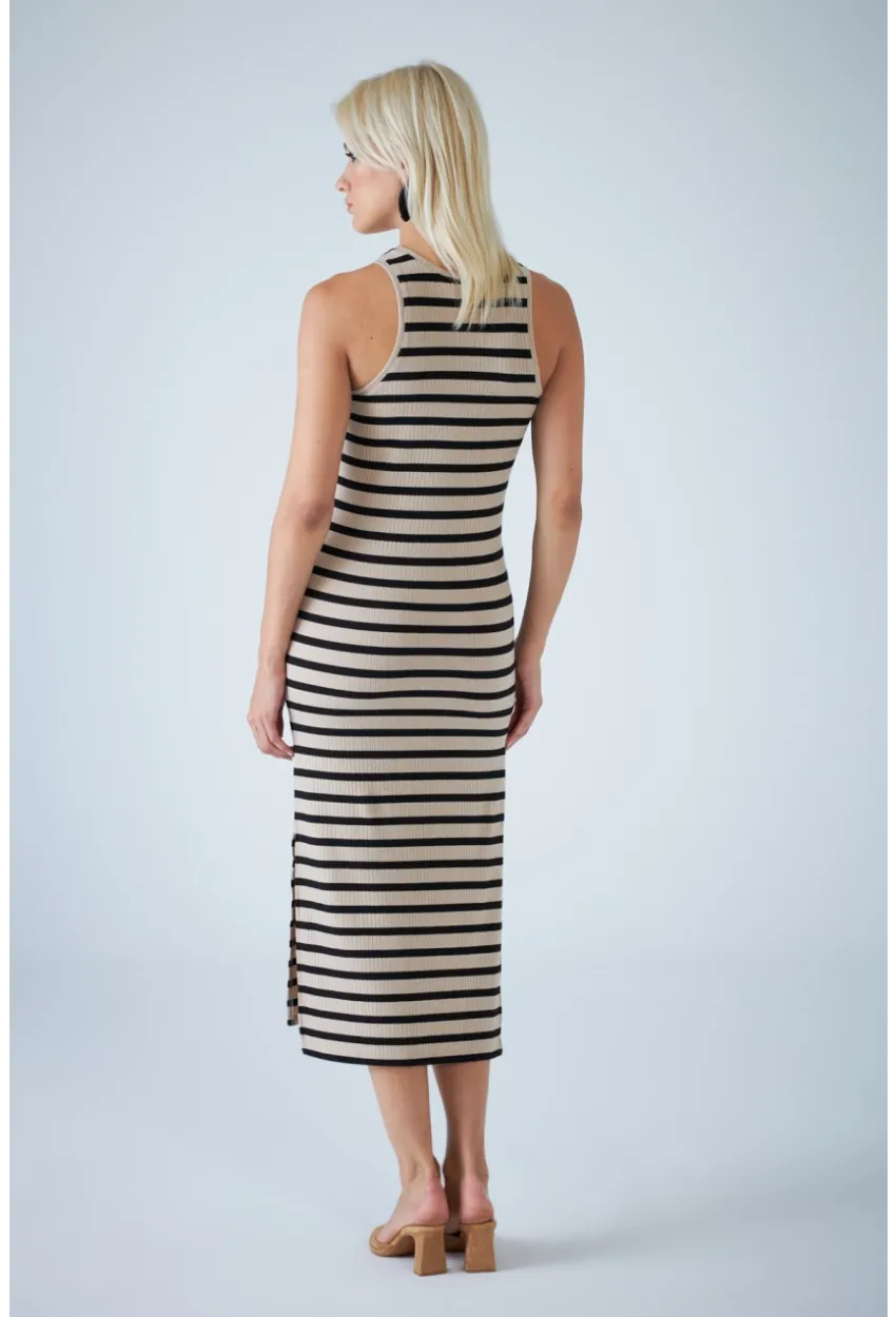 Kadın Taş Kolsuz Yırtmaçlı Çizgili Midi Elbise AYD418