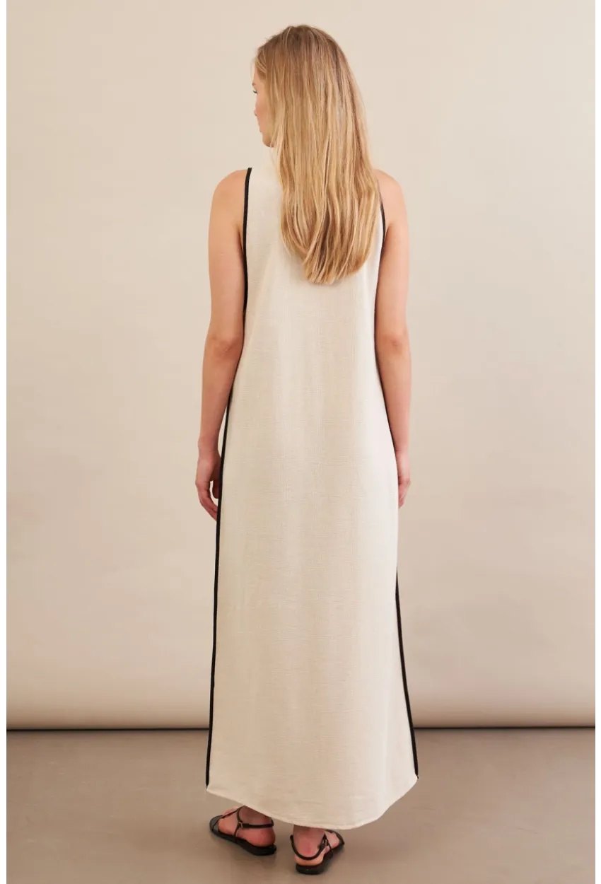 Kadın Taş Kontrast Çizgili Maxi Keten Elbise MSİ101