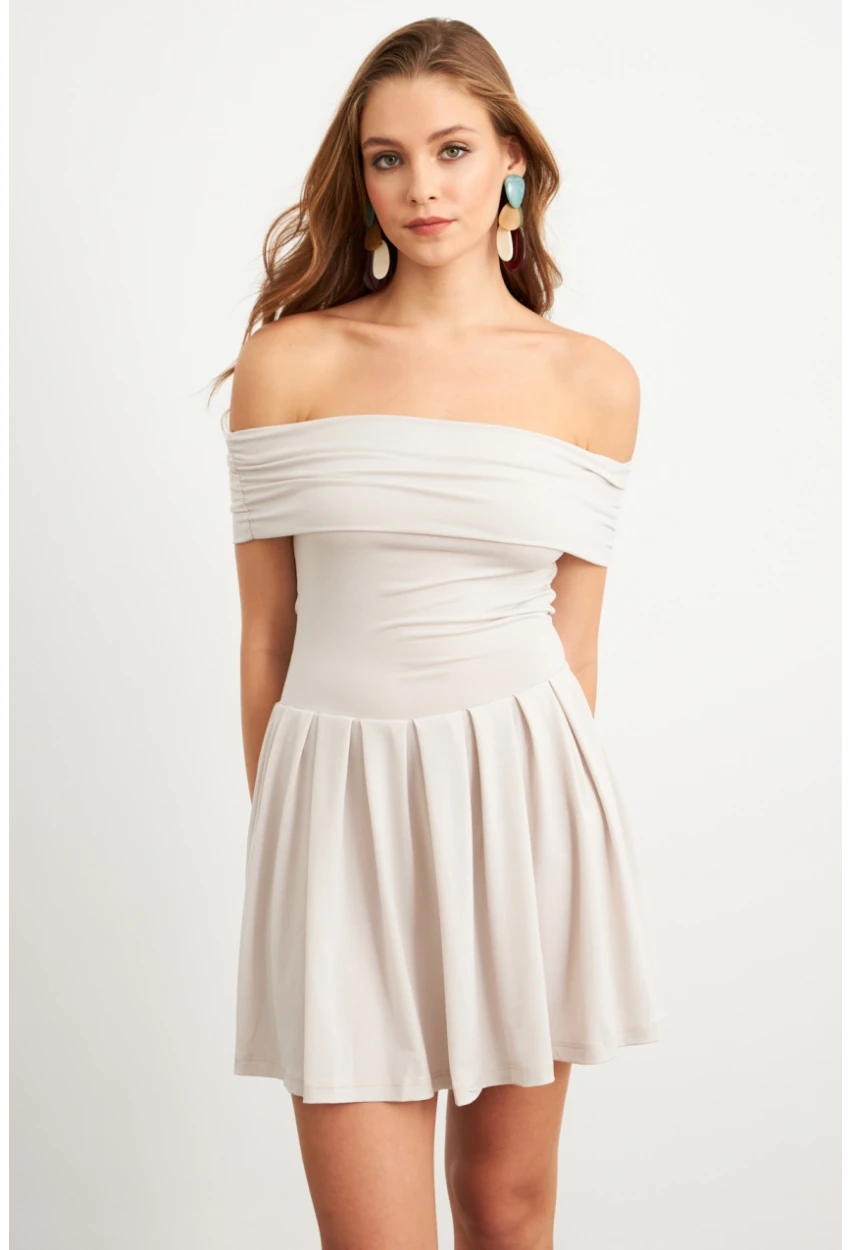 Kadın Taş Madonna Yaka Midi Elbise MON1262-1