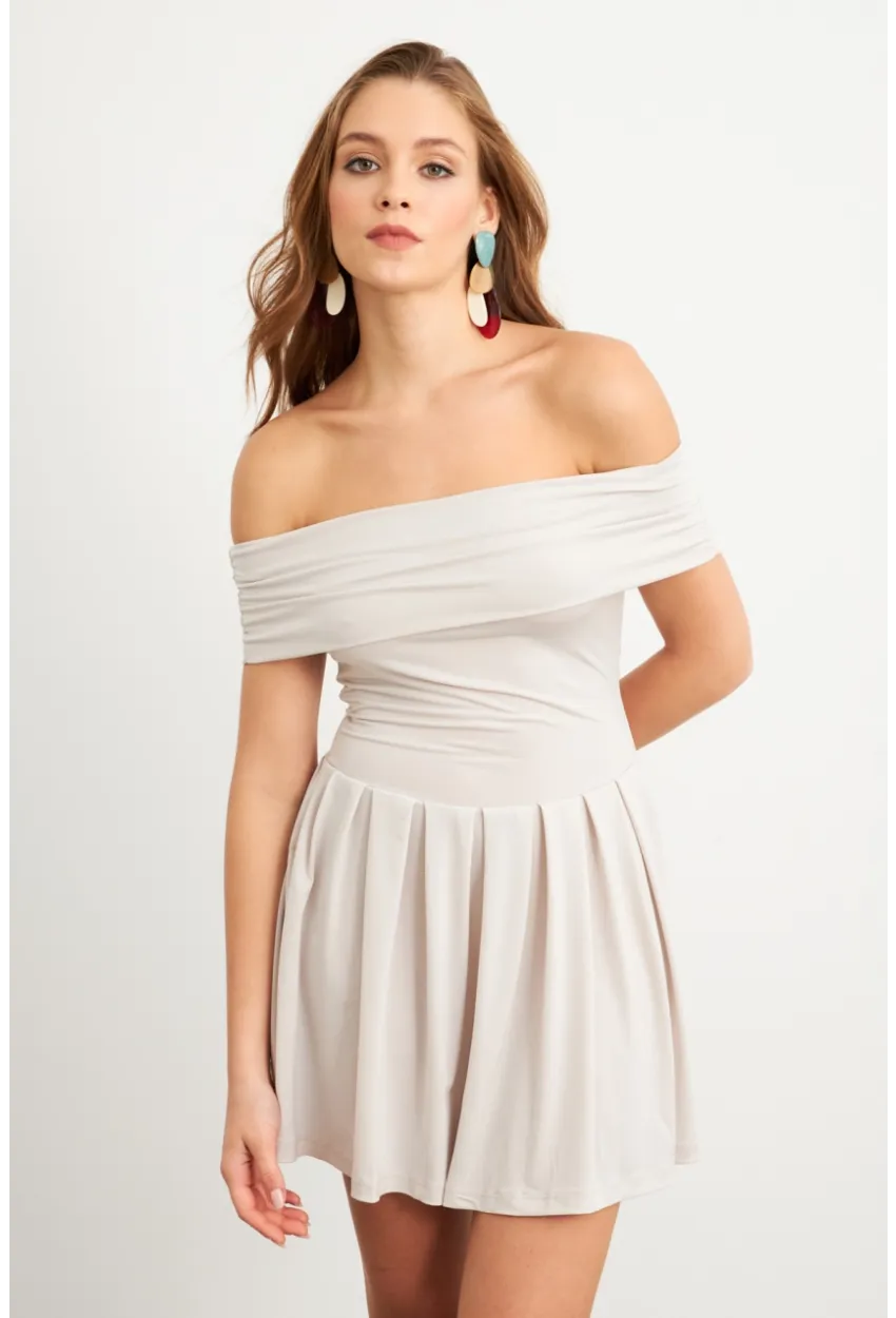 Kadın Taş Madonna Yaka Midi Elbise MON1262-1