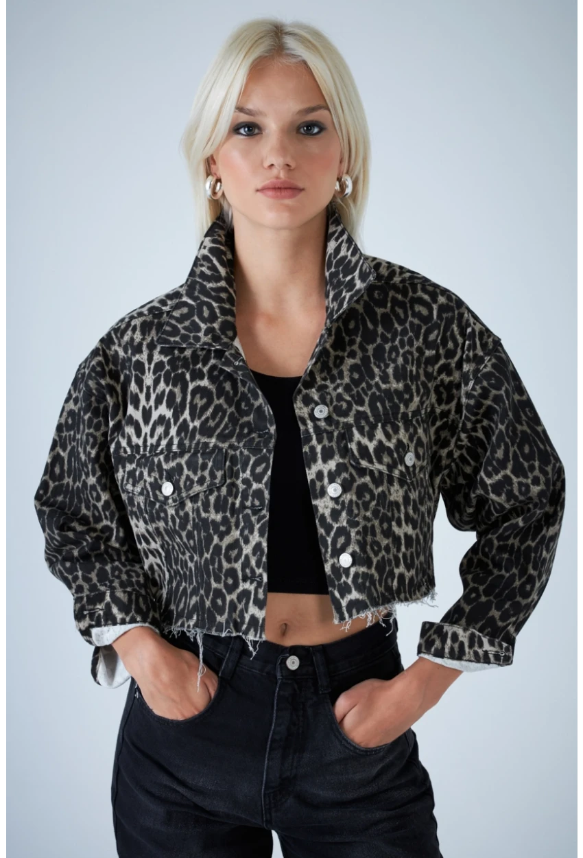 Kadın Taş-Siyah Kısa Leopar Denim Ceket TSS103