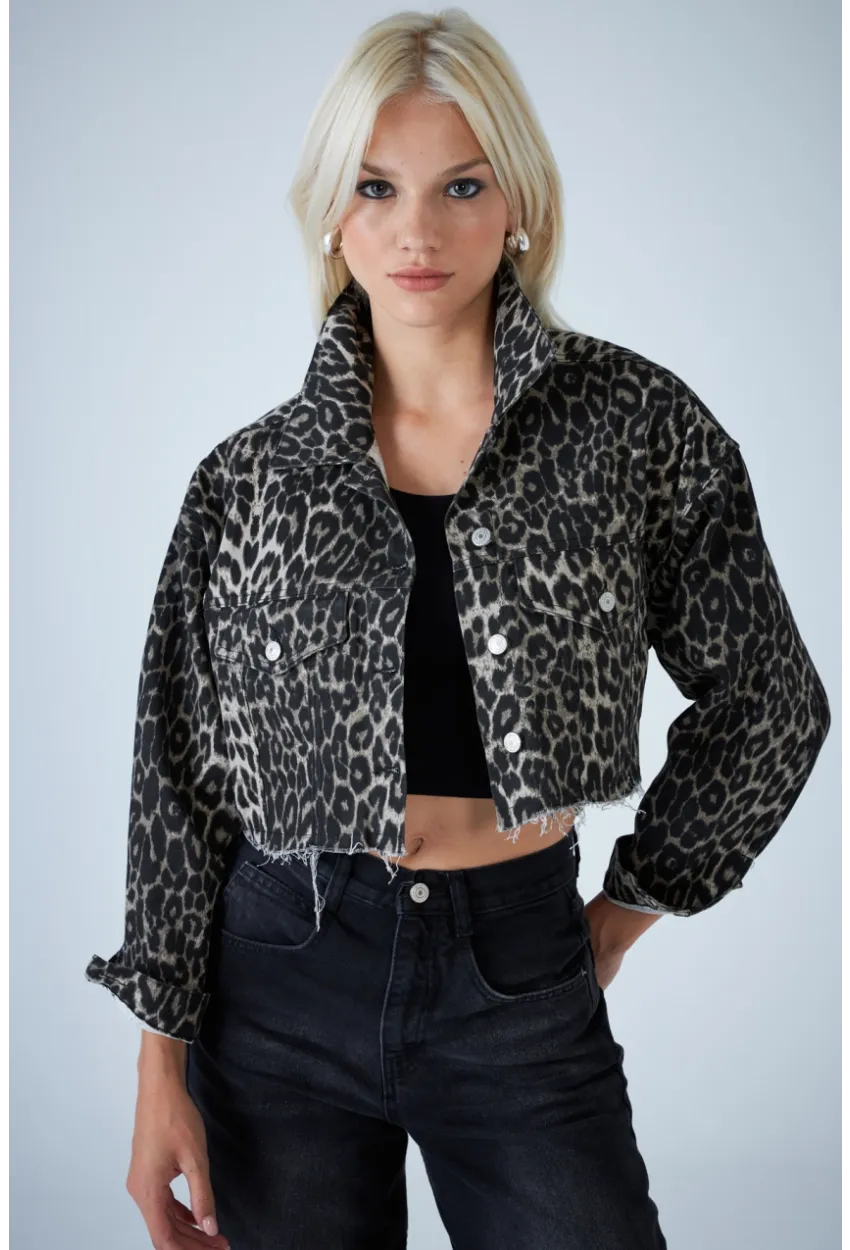 Kadın Taş-Siyah Kısa Leopar Denim Ceket TSS103