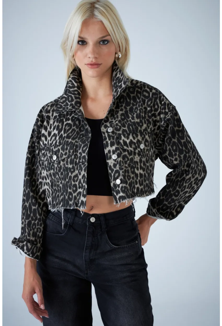 Kadın Taş-Siyah Kısa Leopar Denim Ceket TSS103