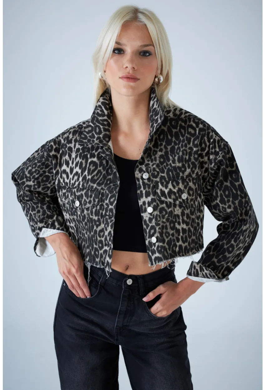 Kadın Taş-Siyah Kısa Leopar Denim Ceket TSS103
