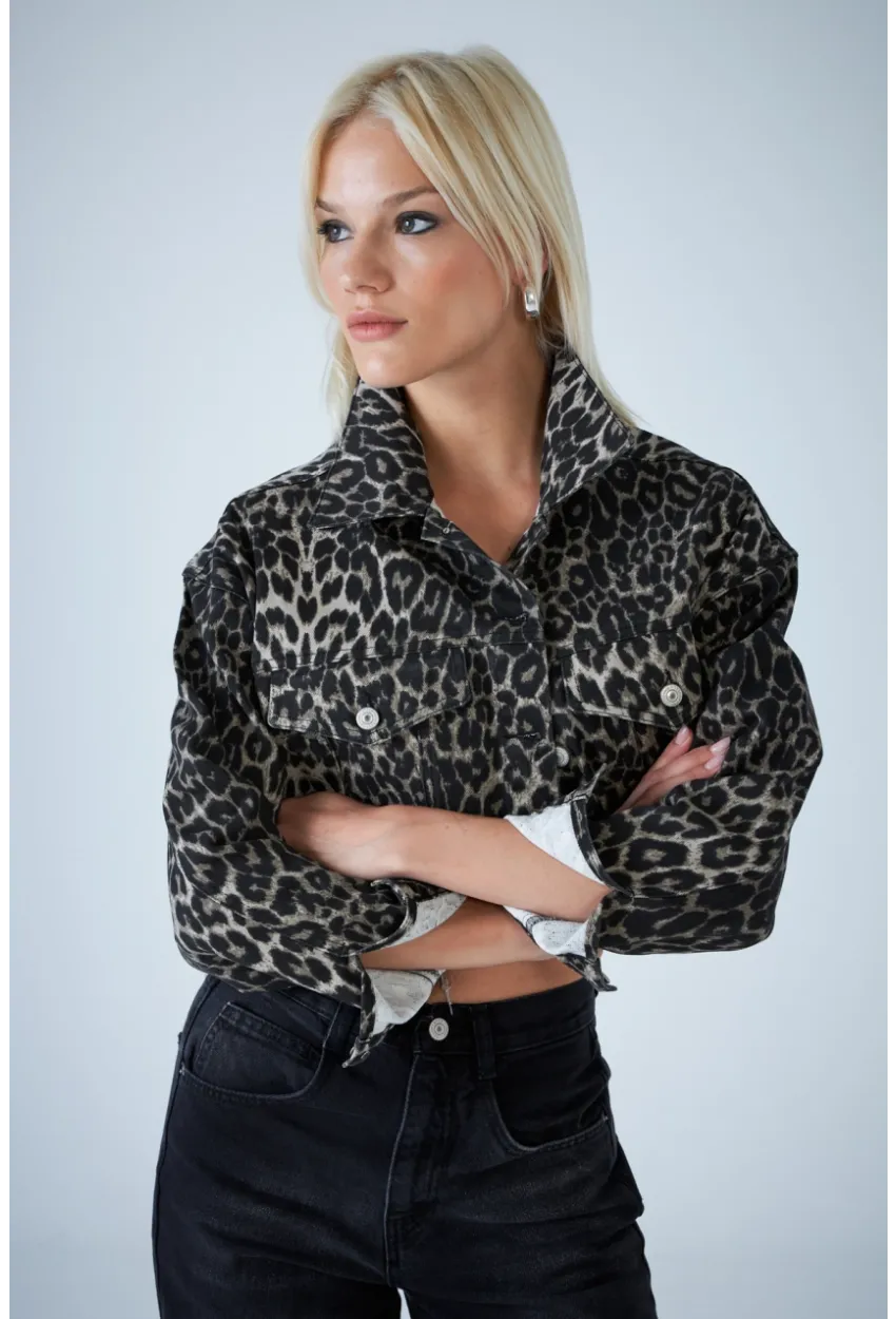 Kadın Taş-Siyah Kısa Leopar Denim Ceket TSS103