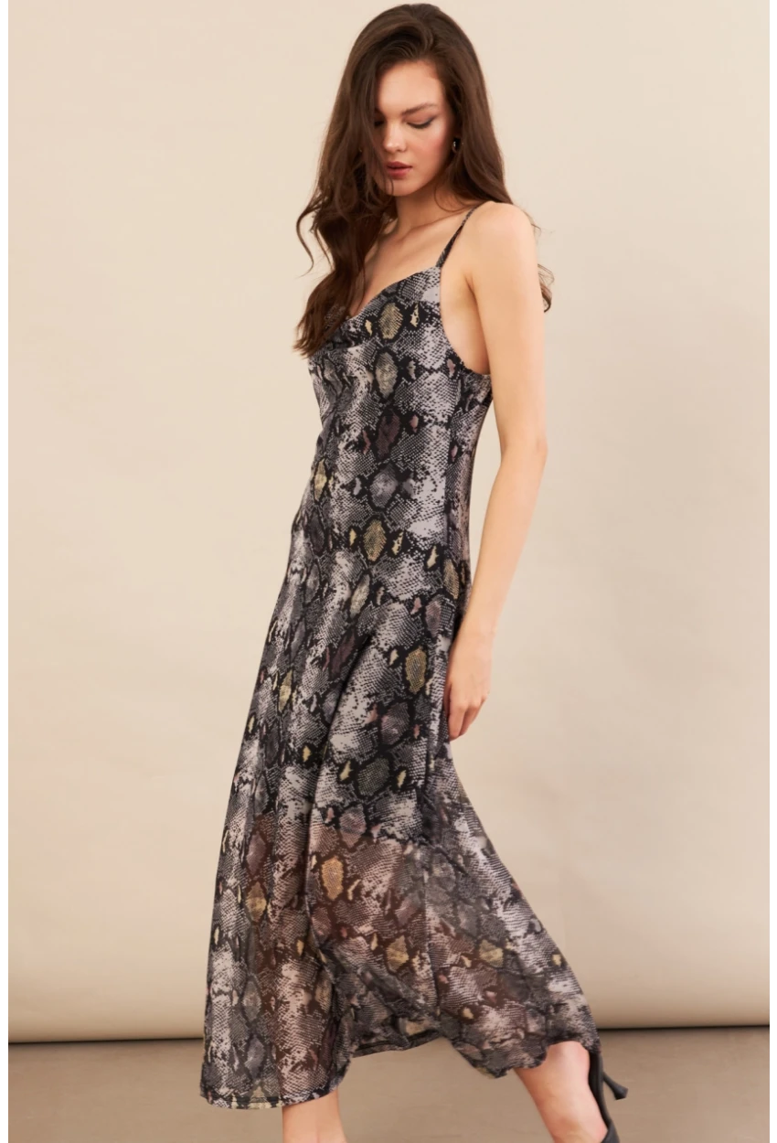 Kadın Taş-Siyah Sırtı Açık Desenli Midi Tül Elbise İRE992