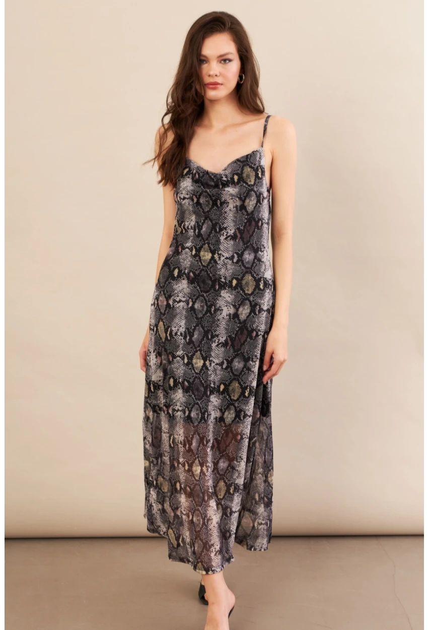 Kadın Taş-Siyah Sırtı Açık Desenli Midi Tül Elbise İRE992