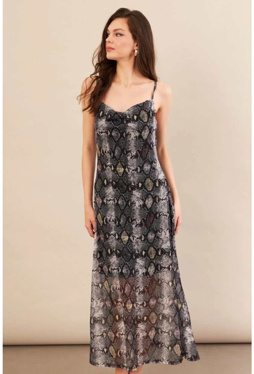 Kadın Taş-Siyah Sırtı Açık Desenli Midi Tül Elbise İRE992