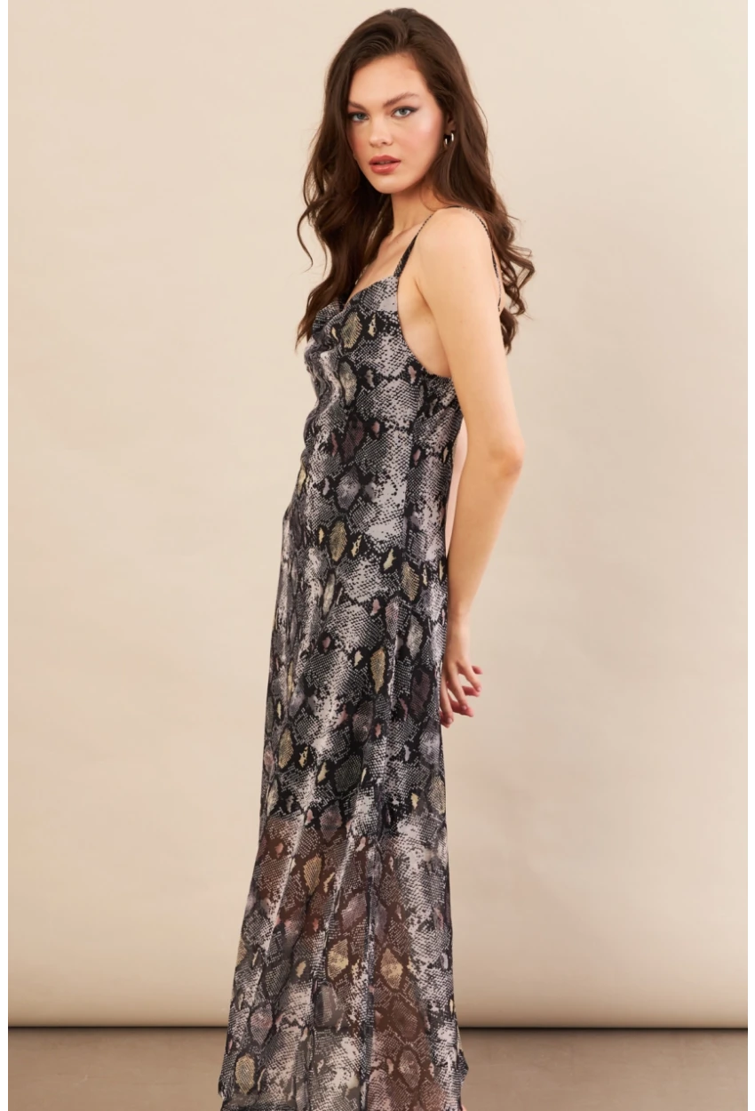 Kadın Taş-Siyah Sırtı Açık Desenli Midi Tül Elbise İRE992