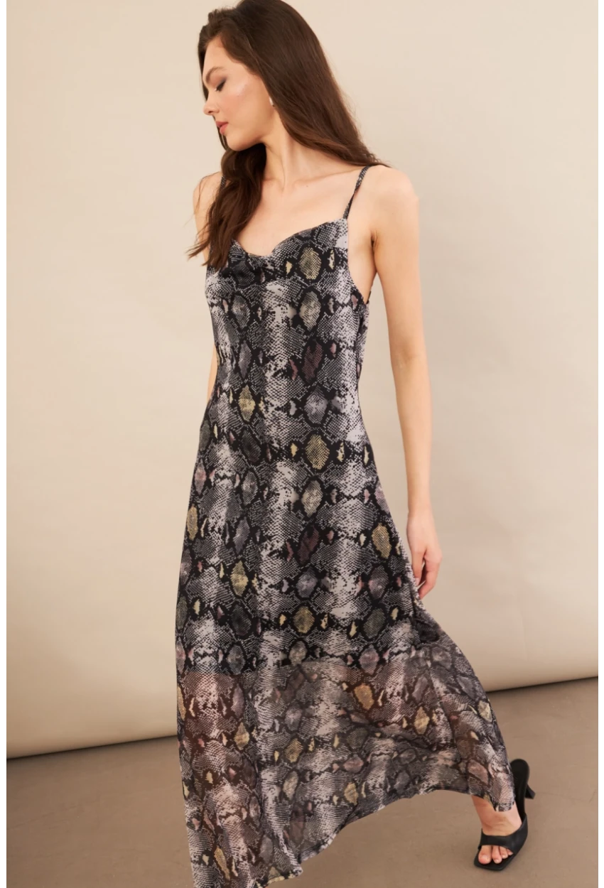 Kadın Taş-Siyah Sırtı Açık Desenli Midi Tül Elbise İRE992