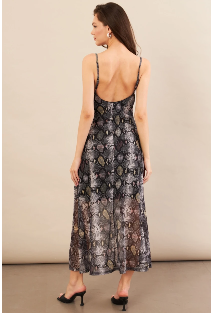 Kadın Taş-Siyah Sırtı Açık Desenli Midi Tül Elbise İRE992