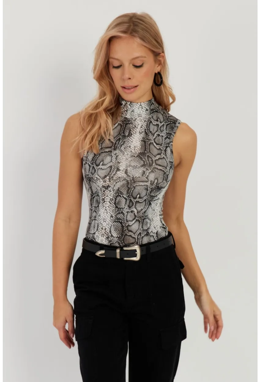Kadın Taş-Siyah Yılan Desenli Kolsuz Bluz LPP1259