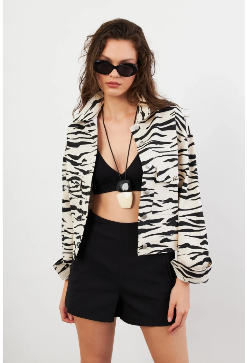 Kadın Taş-Siyah Zebra Desenli Ceket QS5337-90