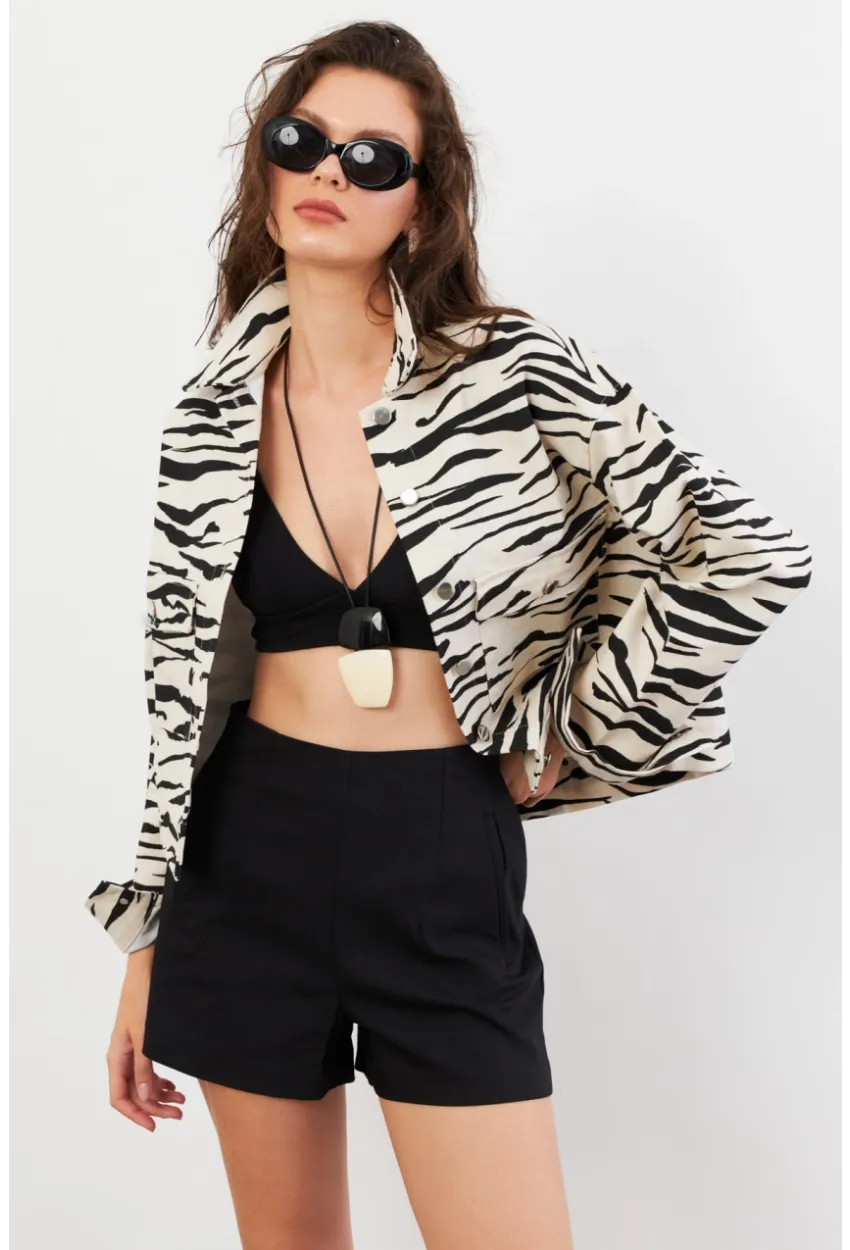 Kadın Taş-Siyah Zebra Desenli Ceket QS5337-90
