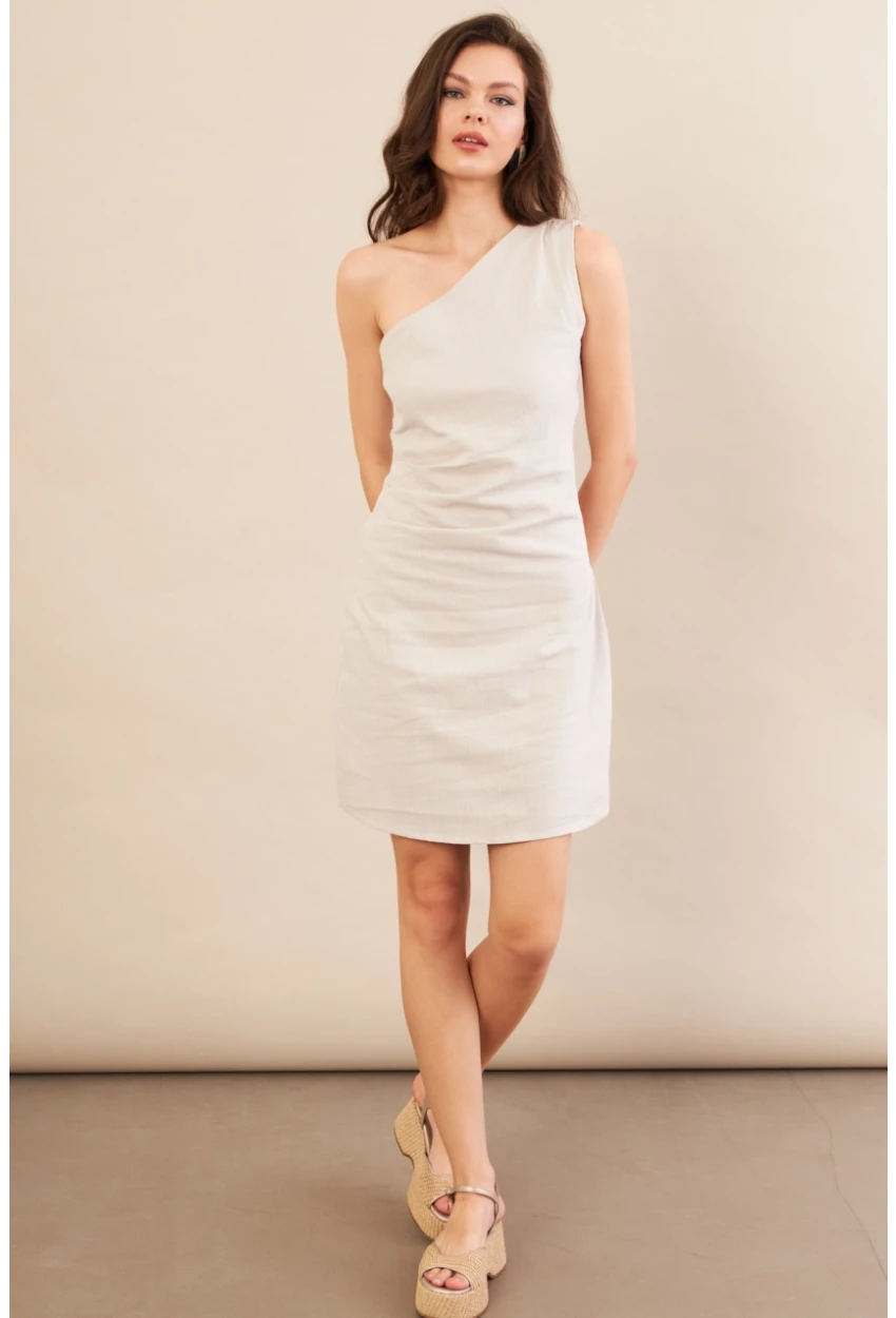 Kadın Taş Tek Omuz Astarlı Mini Keten Elbise AYD416