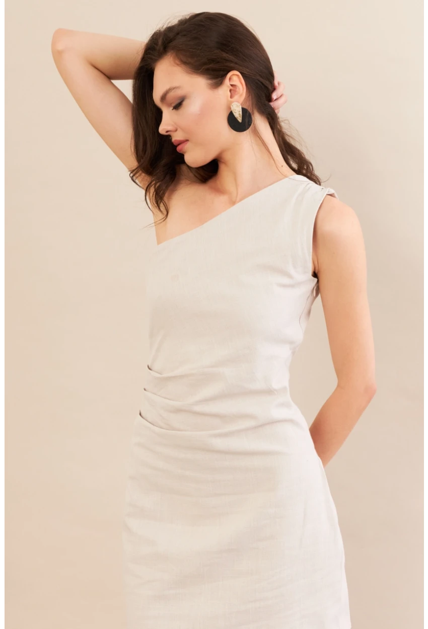 Kadın Taş Tek Omuz Astarlı Mini Keten Elbise AYD416