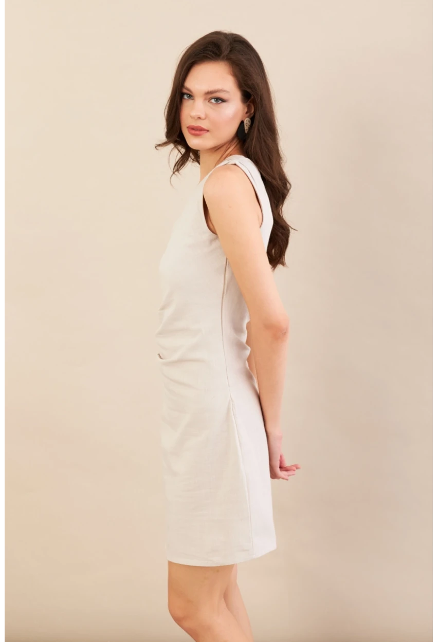 Kadın Taş Tek Omuz Astarlı Mini Keten Elbise AYD416