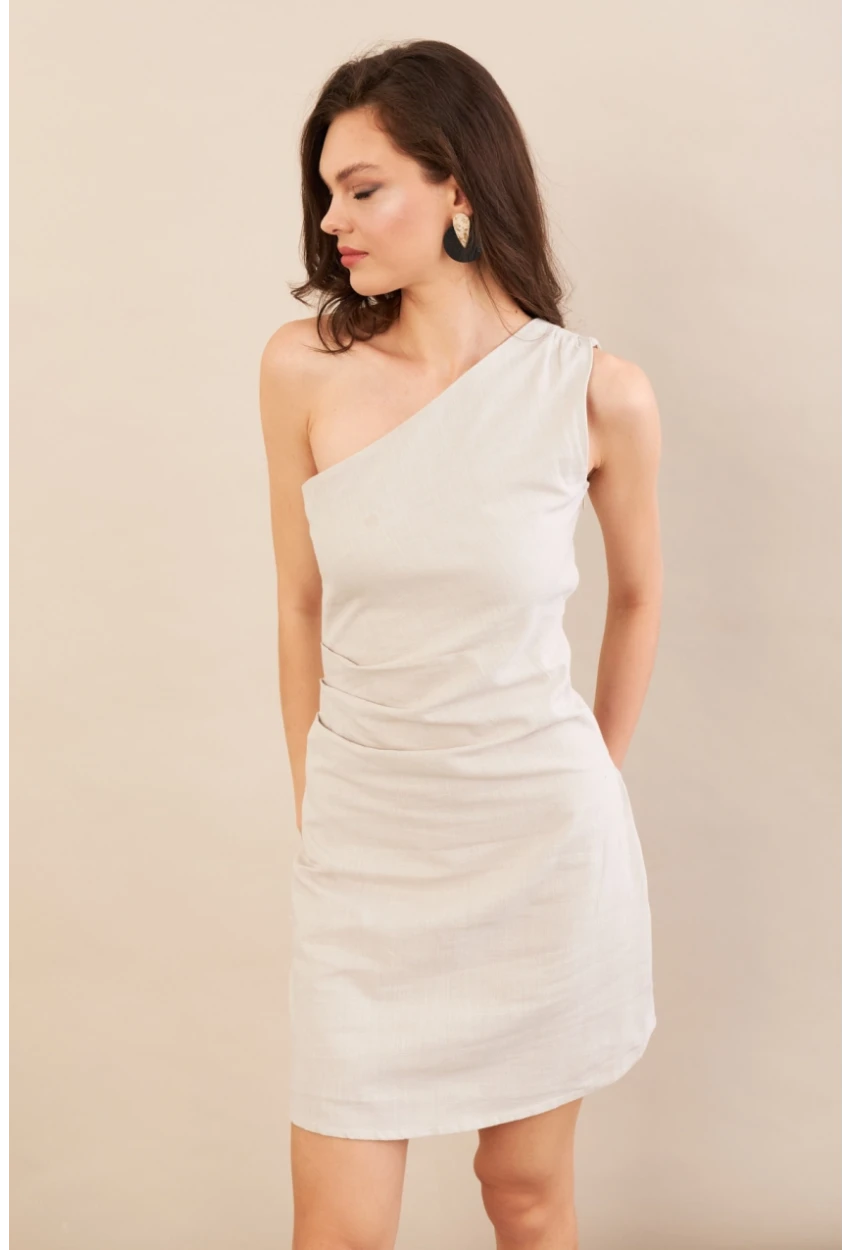 Kadın Taş Tek Omuz Astarlı Mini Keten Elbise AYD416