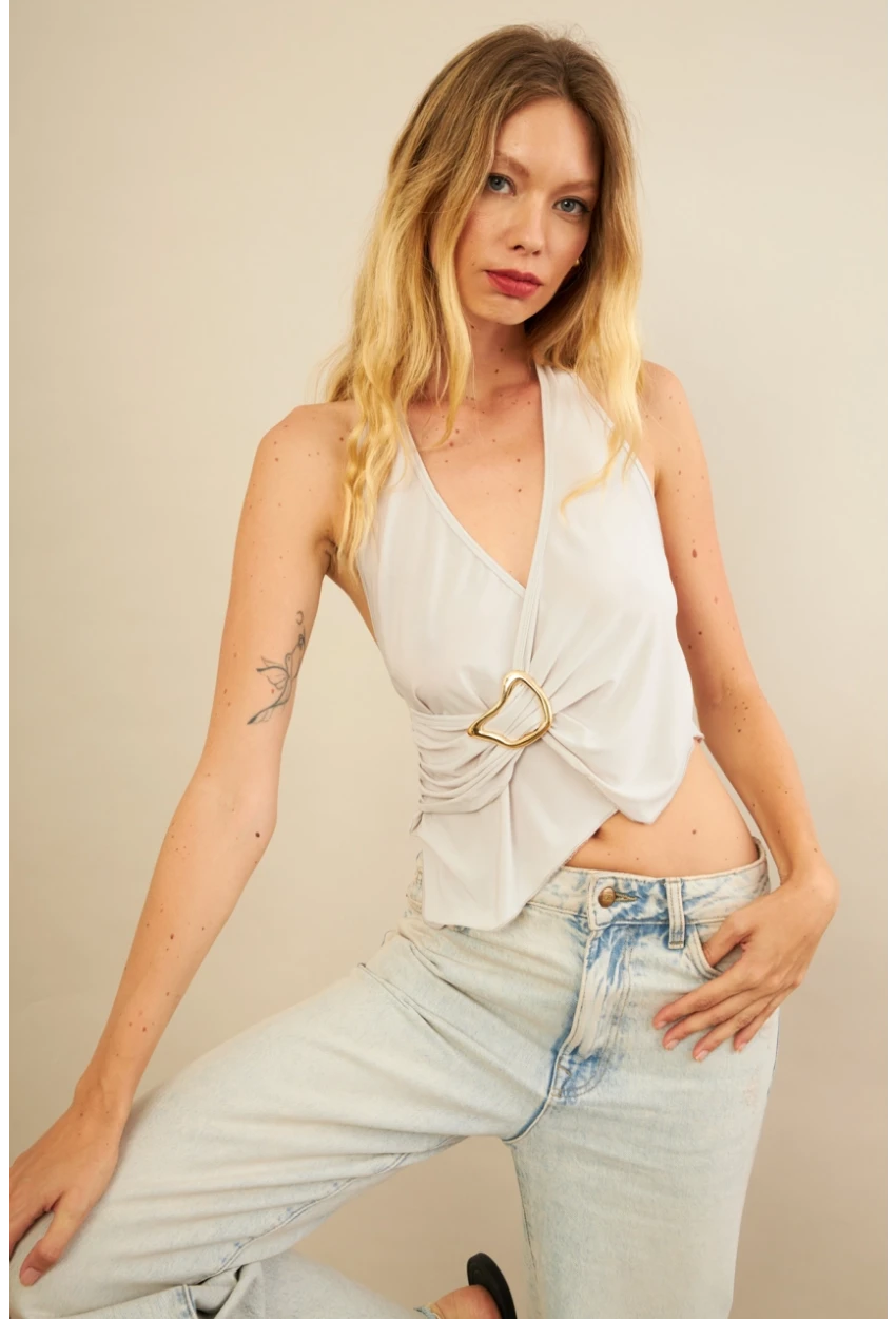 Kadın Taş Tokalı Asimetrik Crop Bluz AN8134