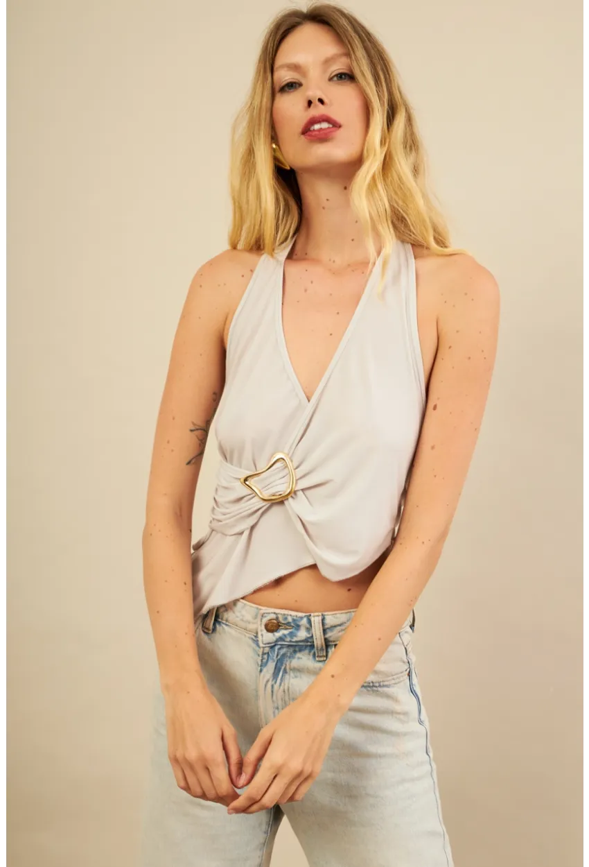 Kadın Taş Tokalı Asimetrik Crop Bluz AN8134