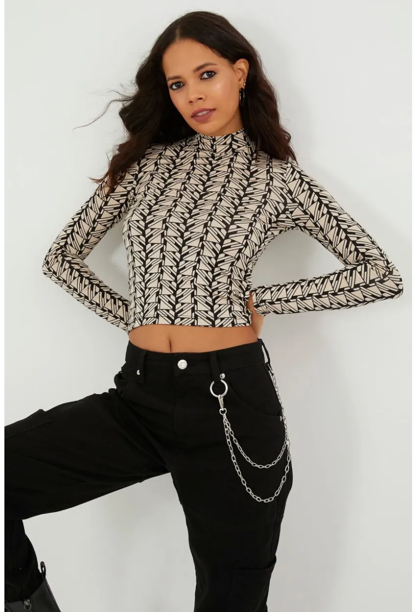 Kadın Taş Yarım Balıkçı Zebra Desen Bluz LPP1133