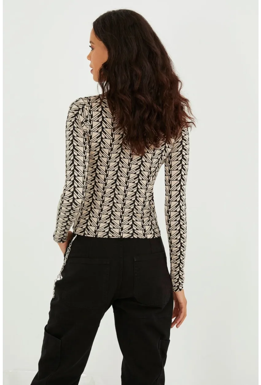 Kadın Taş Yarım Balıkçı Zebra Desen Bluz LPP1133