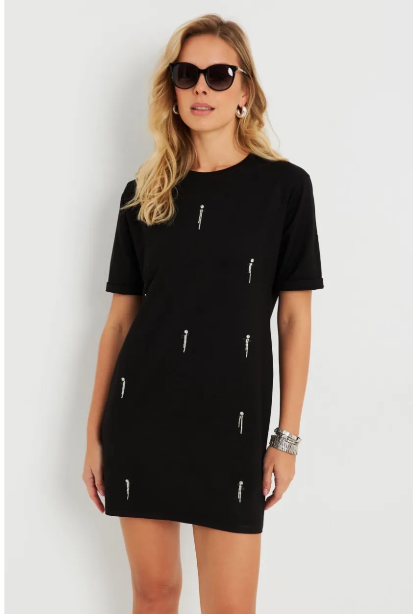 Kadın Taşlı Mini Elbise Siyah ST831